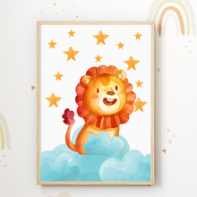 Laden Sie das Bild in den Galerie-Viewer, Elefant Zebra Löwe Nilpferd Sterne Wolken 4er Set Kinderzimmer Bilder DIN A4 Poster Babyzimmer Wandbilder Dekoration