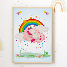 Laden Sie das Bild in den Galerie-Viewer, Einhorn Regenbogen Bilder 4er Set DIN A4 Kinderzimmer Wandbilder Babyzimmer Poster Dekoration