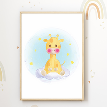 Laden Sie das Bild in den Galerie-Viewer, Fuchs Elefant Giraffe Mond 3er Set Kinderzimmer Bilder DIN A4 Wandbilder Deko Babyzimmer Poster