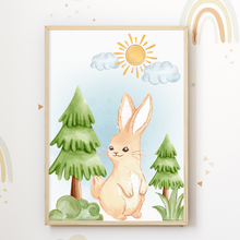 Laden Sie das Bild in den Galerie-Viewer, Waldtiere Fuchs Eichhörnchen Bär Hase Bilder 3er Set DIN A4 Kinderzimmer Wandbilder Babyzimmer Poster Dekoration