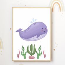 Laden Sie das Bild in den Galerie-Viewer, Meerestiere 6er Set Kinderzimmer Bilder DIN A4 Wandbilder Deko Babyzimmer Poster - Schildkröte Krabbe Wal Fisch Seepferdchen