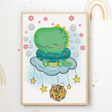 Laden Sie das Bild in den Galerie-Viewer, Dinosaurier Mond Luftballon Bilder 3er Set DIN A4 Kinderzimmer Wandbilder Babyzimmer Poster Dekoration