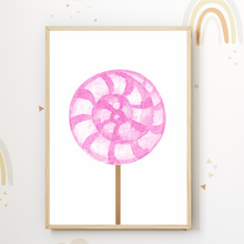 Laden Sie das Bild in den Galerie-Viewer, Süßigkeiten Zuckerwatte Donut Lollipop 3er Set Kinderzimmer Bilder DIN A4 Wandbilder Deko Babyzimmer Poster