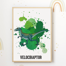 Laden Sie das Bild in den Galerie-Viewer, Dinosaurier Carnotaurus Trex Velociraptor Mosasaurus Bilder 4er Set DIN A4 Kinderzimmer Wandbilder Babyzimmer Poster Dekoration