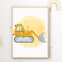 Laden Sie das Bild in den Galerie-Viewer, Baufahrzeuge Baustelle Walze Bagger Bilder 4er Set DIN A4 Kinderzimmer Wandbilder Babyzimmer Poster Dekoration