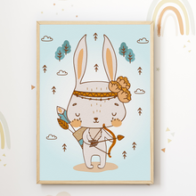 Laden Sie das Bild in den Galerie-Viewer, Indianer Waldtiere Bär Waschbär Hase Bilder 3er Set DIN A4 Kinderzimmer Wandbilder Babyzimmer Poster Dekoration