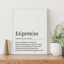 Laden Sie das Bild in den Galerie-Viewer, Espresso Poster Definition - Kaffee Wandbild Barista Küche Wanddeko Kaffeeliebhaber Geschenk