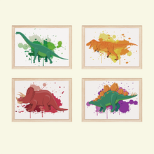 Laden Sie das Bild in den Galerie-Viewer, Dinosaurier Bilder 4er Set DIN A4 Kinderzimmer Wandbilder Babyzimmer Dino Poster Dekoration