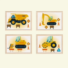 Laden Sie das Bild in den Galerie-Viewer, Baufahrzeuge Baustelle Walze Bagger Bilder 4er Set DIN A4 Kinderzimmer Wandbilder Babyzimmer Poster Dekoration