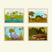Laden Sie das Bild in den Galerie-Viewer, Dinosaurier Bilder 4er Set DIN A4 Dino Kinderzimmer Wandbilder Babyzimmer Poster Dekoration