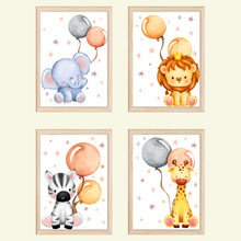 Laden Sie das Bild in den Galerie-Viewer, Zoo Safari Afrika Tiere Luftballon Bilder 4er Set DIN A4 Kinderzimmer Wandbilder Babyzimmer Poster Dekoration