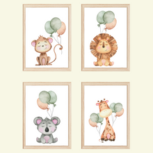 Laden Sie das Bild in den Galerie-Viewer, Tiere Luftballon Bilder 4er Set DIN A4 Kinderzimmer Poster Babyzimmer Wandbilder Dekoration - Affe Löwe Koala Giraffe