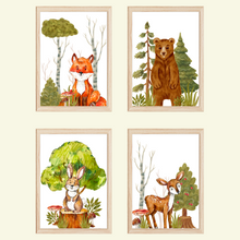 Laden Sie das Bild in den Galerie-Viewer, Niedliche Waldtiere Bilder 4er Set DIN A4 Kinderzimmer Wandbilder Babyzimmer Poster Dekoration - Reh Fuchs Bär Hase