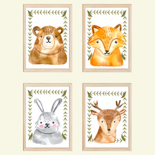 Laden Sie das Bild in den Galerie-Viewer, Waldtiere 4er Set Kinderzimmer Bilder DIN A4 Poster Babyzimmer Wandbilder Dekoration - Bär Fuchs Hase Reh