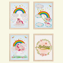 Laden Sie das Bild in den Galerie-Viewer, Einhorn Regenbogen Bilder 4er Set DIN A4 Kinderzimmer Wandbilder Babyzimmer Poster Dekoration