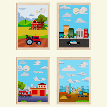 Laden Sie das Bild in den Galerie-Viewer, Traktor Polizei Feuerwehr Bagger Bilder 4er Set DIN A4 Kinderzimmer Wandbilder Babyzimmer Poster Dekoration