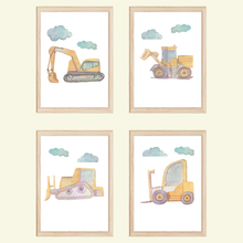 Laden Sie das Bild in den Galerie-Viewer, Bagger Bulldozer Gabelstapler 4er Set Kinderzimmer Bilder DIN A4 Poster Babyzimmer Wandbilder Dekoration Baustellenfahrzeuge
