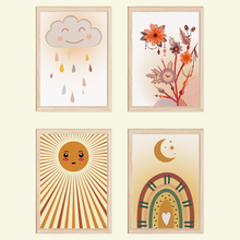 Laden Sie das Bild in den Galerie-Viewer, Boho Wolke Sonne Regenbogen Bilder 4er Set DIN A4 Kinderzimmer Wandbilder Babyzimmer Poster Dekoration