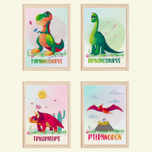 Laden Sie das Bild in den Galerie-Viewer, Dinosaurier Bilder 4er Set DIN A4 Kinderzimmer Wandbilder Babyzimmer Poster Dekoration Trex Brachiosaurus Triceratops Pteranodon