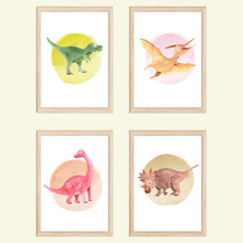Laden Sie das Bild in den Galerie-Viewer, Dinosaurier Bilder 4er Set DIN A4 Kinderzimmer Dino Poster Babyzimmer Wandbilder Dekoration