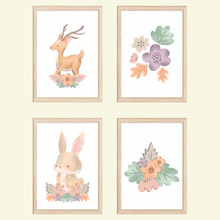 Laden Sie das Bild in den Galerie-Viewer, Waldtiere Reh Hase Blumen 4er Set Kinderzimmer Bilder DIN A4 Wandbilder Deko Babyzimmer Poster