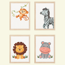 Laden Sie das Bild in den Galerie-Viewer, Affe Zebra Löwe Nilpferd Safari Tiere 4er Set Kinderzimmer Bilder DIN A4 Wandbilder Deko Babyzimmer Poster