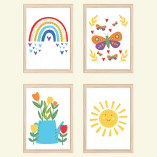 Laden Sie das Bild in den Galerie-Viewer, Natur Regenbogen Schmetterling 4er Set Kinderzimmer Bilder DIN A4 Poster Babyzimmer Wandbilder Dekoration