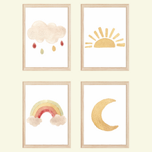Laden Sie das Bild in den Galerie-Viewer, Wolke Sonne Boho Regenbogen Mond 4er Set Kinderzimmer Bilder DIN A4 Wandbilder Deko Babyzimmer Poster