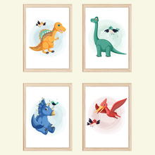 Laden Sie das Bild in den Galerie-Viewer, Dinosaurier Bilder 4er Set DIN A4 Kinderzimmer Wandbilder Babyzimmer Poster Dekoration