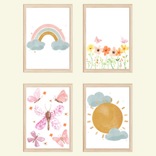 Laden Sie das Bild in den Galerie-Viewer, Regenbogen Sonne Schmetterlinge Bilder 4er Set DIN A4 Kinderzimmer Wandbilder Babyzimmer Poster Dekoration