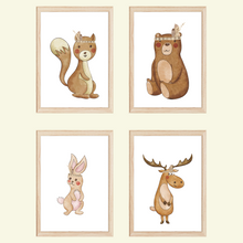 Laden Sie das Bild in den Galerie-Viewer, Indianer Waldtiere 4er Set Kinderzimmer Bilder DIN A4 Poster Babyzimmer Wandbilder Dekoration - Eichhörnchen Bär Hase Elch