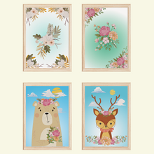 Laden Sie das Bild in den Galerie-Viewer, Waldtiere Blumen Bär Reh Bilder 4er Set DIN A4 Kinderzimmer Wandbilder Babyzimmer Poster Dekoration