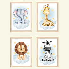 Laden Sie das Bild in den Galerie-Viewer, Safari Tiere 4er Set Bilder Elefant Giraffe Löwe Zebra Kinderzimmer Deko DIN A4 Poster Babyzimmer Wandbilder