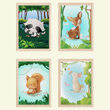 Laden Sie das Bild in den Galerie-Viewer, Waschbär Reh Eichhörnchen Hase Waldtiere Bilder 4er Set DIN A4 Kinderzimmer Wandbilder Babyzimmer Poster Dekoration