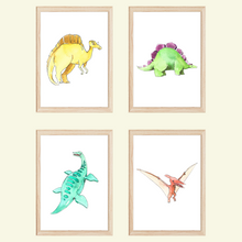 Laden Sie das Bild in den Galerie-Viewer, Dinosaurier Bilder 4er Set DIN A4 Kinderzimmer Poster Dino Babyzimmer Wandbilder Dekoration