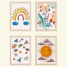 Laden Sie das Bild in den Galerie-Viewer, Regenbogen Sonne Schmetterlinge Bilder 4er Set DIN A4 Kinderzimmer Wandbilder Babyzimmer Poster Dekoration
