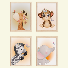 Laden Sie das Bild in den Galerie-Viewer, Giraffe Affe Zebra Elefant Safari Tiere Bilder 4er Set DIN A4 Kinderzimmer Wandbilder Babyzimmer Poster Dekoration