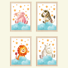 Laden Sie das Bild in den Galerie-Viewer, Elefant Zebra Löwe Nilpferd Sterne Wolken 4er Set Kinderzimmer Bilder DIN A4 Poster Babyzimmer Wandbilder Dekoration