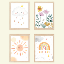 Laden Sie das Bild in den Galerie-Viewer, Sonne Wolke Blumen Regenbogen 4er Set DIN A4 Kinderzimmer Wandbilder Babyzimmer Poster Dekoration