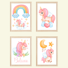 Laden Sie das Bild in den Galerie-Viewer, Einhorn Regenbogen 4er Set Kinderzimmer Bilder DIN A4 Poster Babyzimmer Wandbilder Dekoration