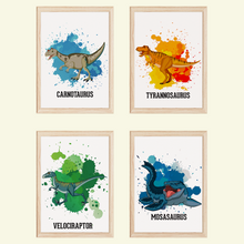 Laden Sie das Bild in den Galerie-Viewer, Dinosaurier Carnotaurus Trex Velociraptor Mosasaurus Bilder 4er Set DIN A4 Kinderzimmer Wandbilder Babyzimmer Poster Dekoration