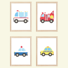 Laden Sie das Bild in den Galerie-Viewer, Krankenwagen Feuerwehr Polizei Taxi Autos 4er Set Kinderzimmer Bilder DIN A4 Poster Babyzimmer Wandbilder Dekoration