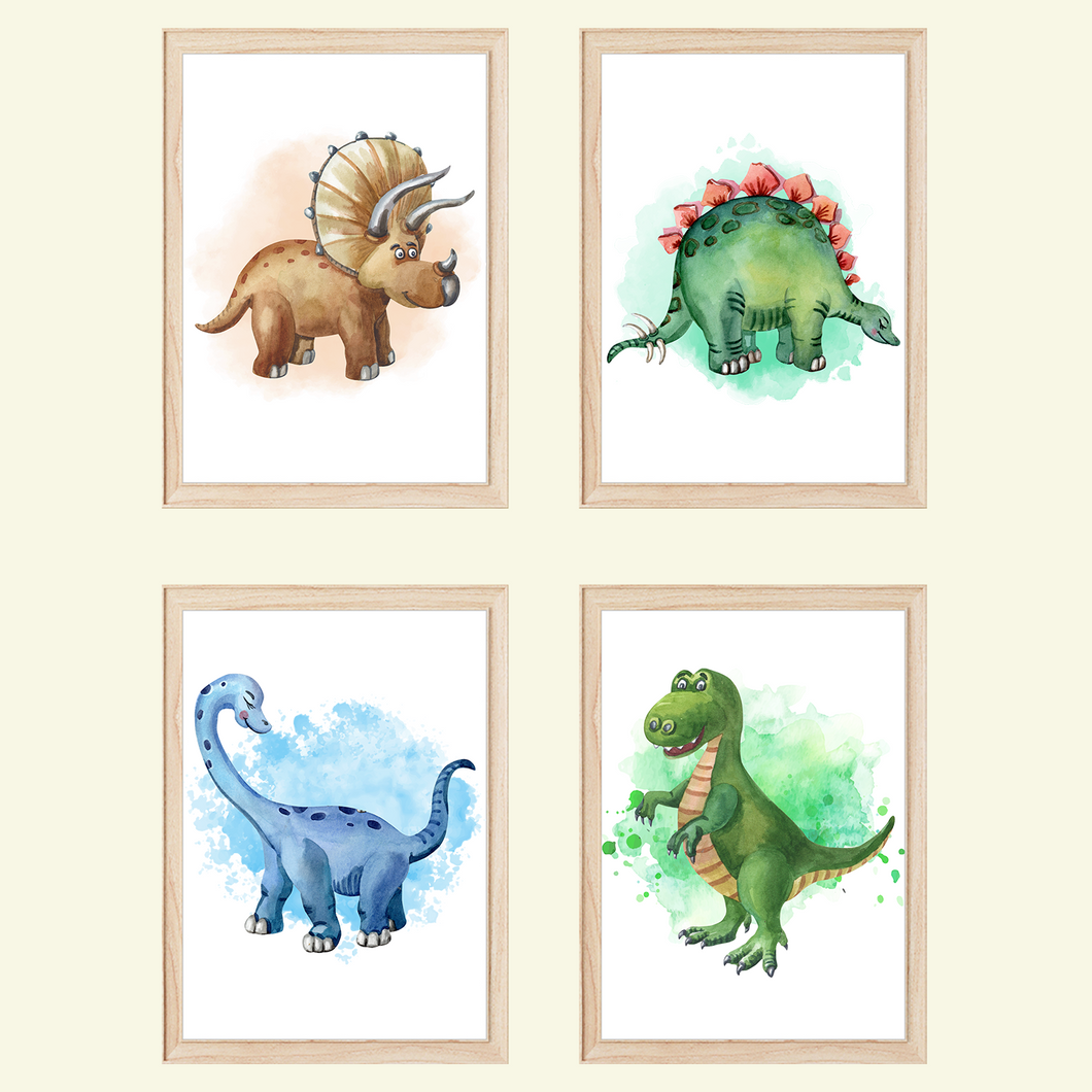 Dinosaurier 4er Set Bilder Kinderzimmer Dino Deko DIN A4 Poster Babyzimmer Wandbilder