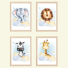 Laden Sie das Bild in den Galerie-Viewer, Niedliche Tiere Bilder 4er Set DIN A4 Kinderzimmer Wandbilder Babyzimmer Poster Dekoration - Löwe Giraffe Elefant Zebra