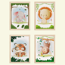 Laden Sie das Bild in den Galerie-Viewer, Elefant Löwe Tiger Affe Safari Tiere Bilder 4er Set DIN A4 Kinderzimmer Wandbilder Babyzimmer Poster Dekoration