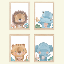 Laden Sie das Bild in den Galerie-Viewer, Löwe Nilpferd Tiger Elefant Safari Tiere 4er Set Kinderzimmer Bilder DIN A4 Wandbilder Deko Babyzimmer Poster