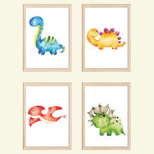 Laden Sie das Bild in den Galerie-Viewer, Dinosaurier 4er Set Kinderzimmer Bilder DIN A4 Poster Babyzimmer Dino Wandbilder Dekoration