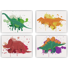 Laden Sie das Bild in den Galerie-Viewer, Dinosaurier Bilder 4er Set DIN A4 Kinderzimmer Wandbilder Babyzimmer Dino Poster Dekoration