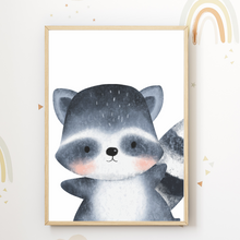 Laden Sie das Bild in den Galerie-Viewer, Waldtiere 6er Set Kinderzimmer Bilder DIN A4 Wandbilder Deko Babyzimmer Poster - Bär Fuchs Reh Waschbär Eichhörnchen Hase