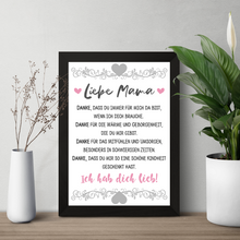 Laden Sie das Bild in den Galerie-Viewer, Mama Poster DIN A4 Danksagung Kunstdruck Muttertag Geschenk Dankeschön Beste Mutter Wandbild Mama Geburtstag Weihnachten